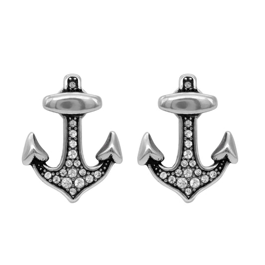 Brilliant Anchor Stud Earrings Silver Crystal Nautical