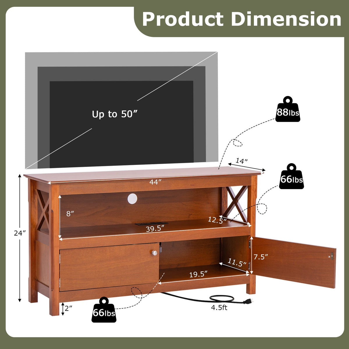 44 Inch Wooden Storage Cabinet TV Stand