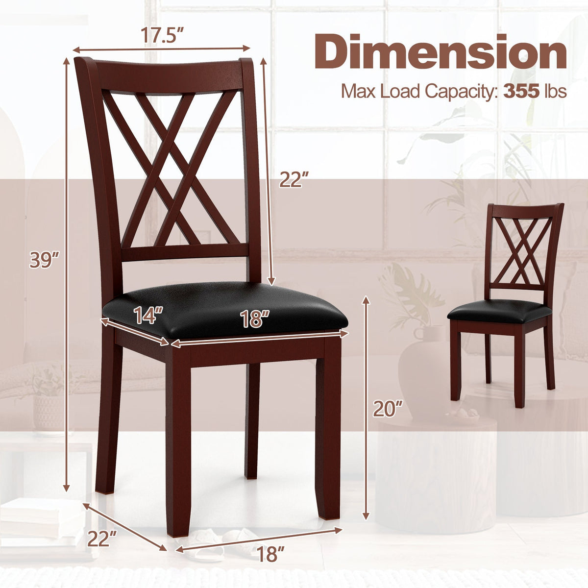Set of 2 Dining Chair with Backrest and Padded Seat-Brown