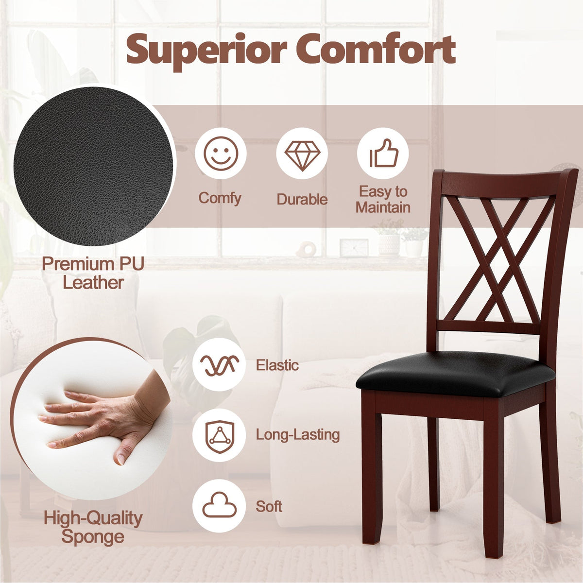 Set of 2 Dining Chair with Backrest and Padded Seat-Brown