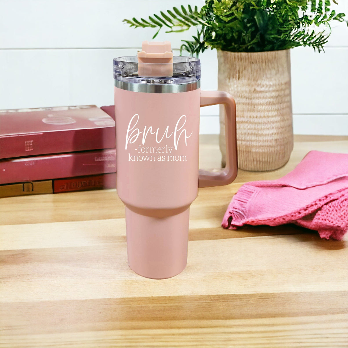 40oz Pink Insulated Tumbler With Handle, Lid and Straw, Funny Bruh Mom Cup