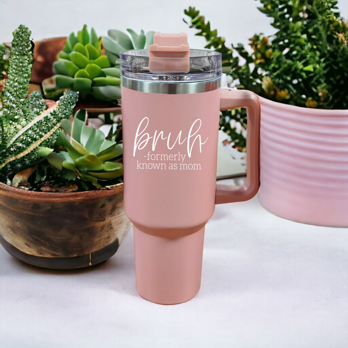 40oz Pink Insulated Tumbler With Handle, Lid and Straw, Funny Bruh Mom Cup