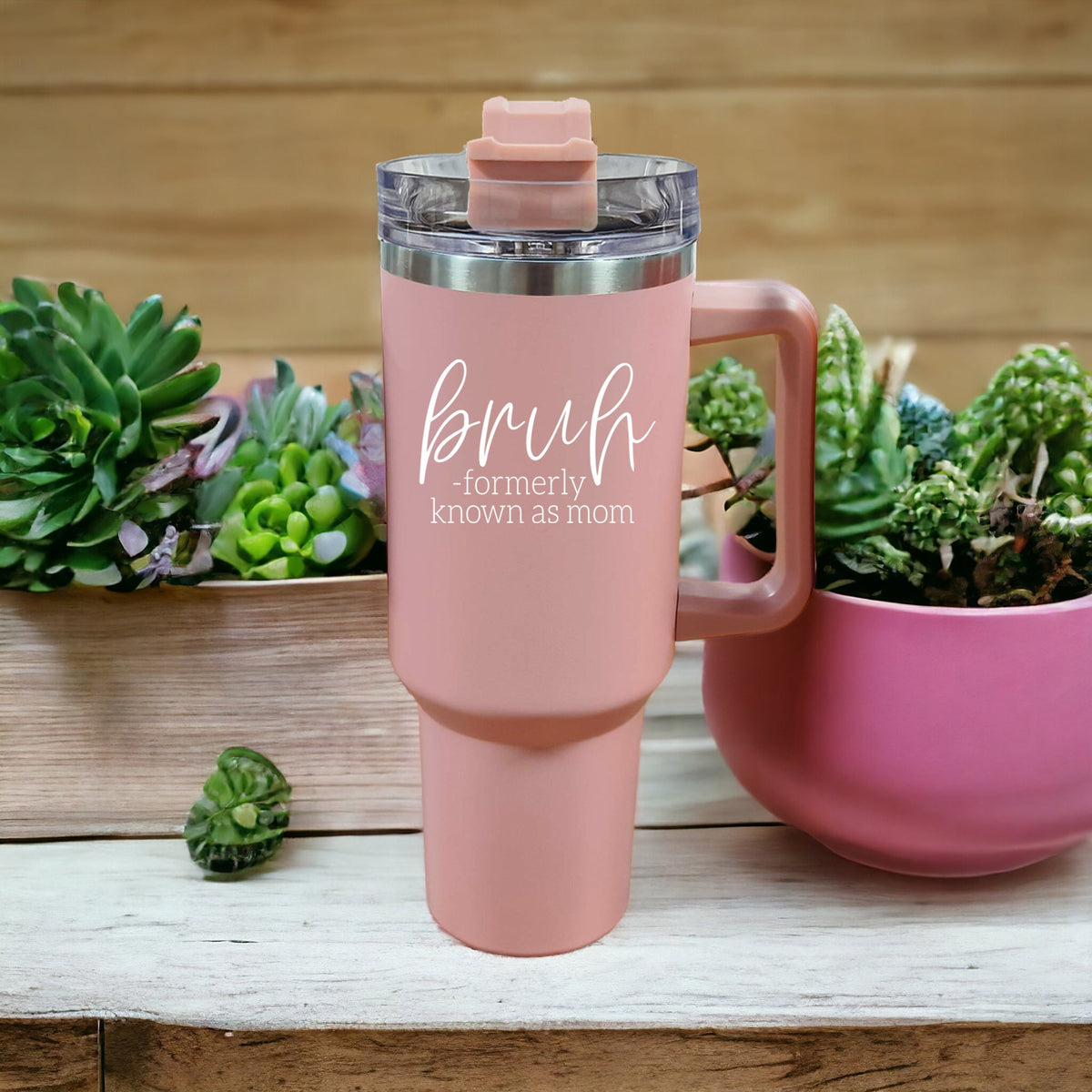 40oz Pink Insulated Tumbler With Handle, Lid and Straw, Funny Bruh Mom Cup