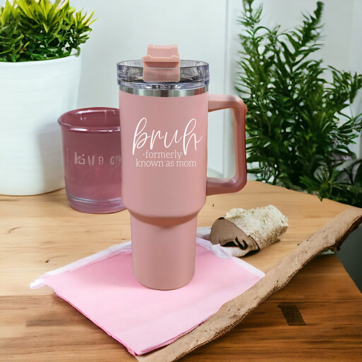 40oz Pink Insulated Tumbler With Handle, Lid and Straw, Funny Bruh Mom Cup