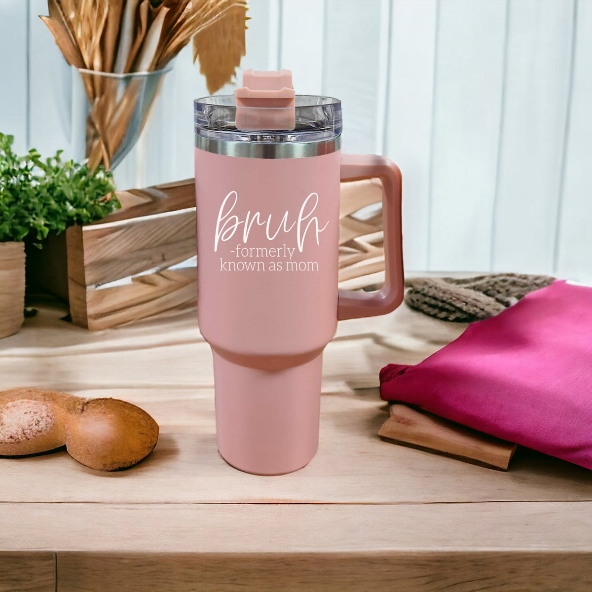 40oz Pink Insulated Tumbler With Handle, Lid and Straw, Funny Bruh Mom Cup