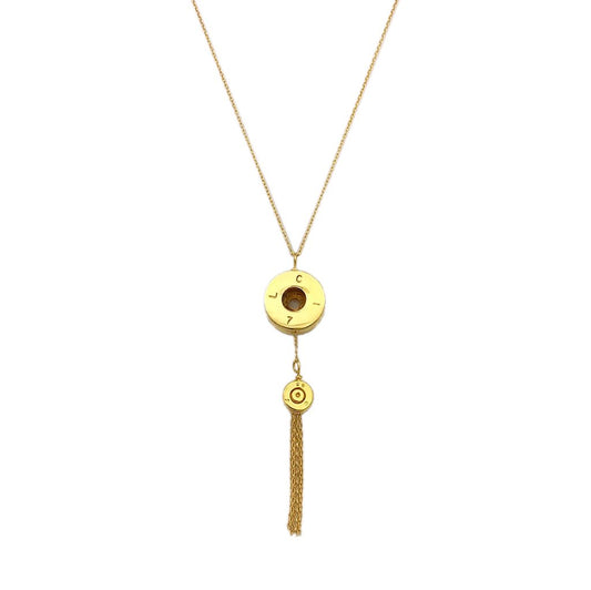 Bullet Tassel Necklace Recycled Brass Shell Casing Gold Plated 14 Inch Chain