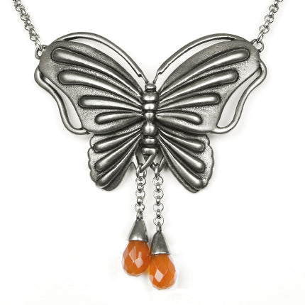 Butterfly Agate Pendant Necklace With Orange Teardrop