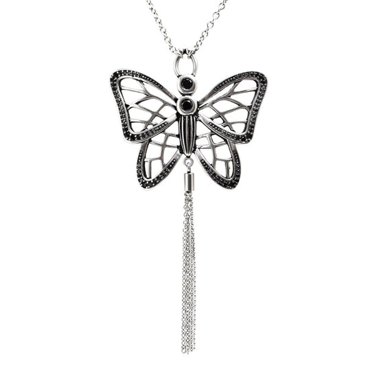 Butterfly Cubic Zirconia Tassel Pendant Necklace Silver
