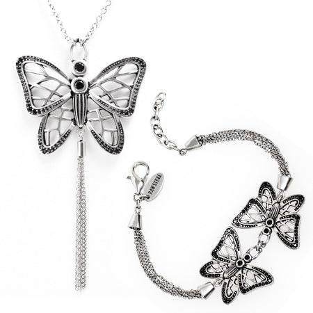 Butterfly Necklace And Bracelet Set Vintage Silver Tone