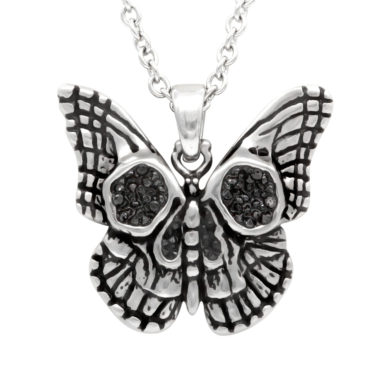 Butterfly Skull Necklace Gothic Pendant With Black Crystals
