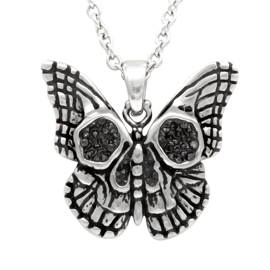 Butterfly Skull Necklace Gothic Pendant With Black Crystals