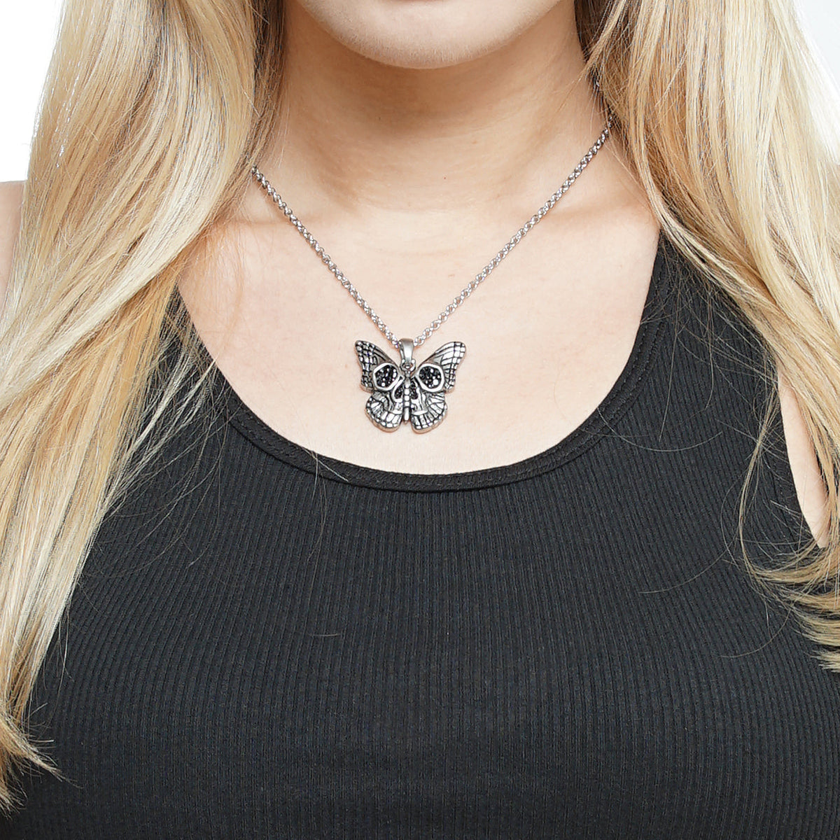 Butterfly Skull Necklace Gothic Pendant With Black Crystals
