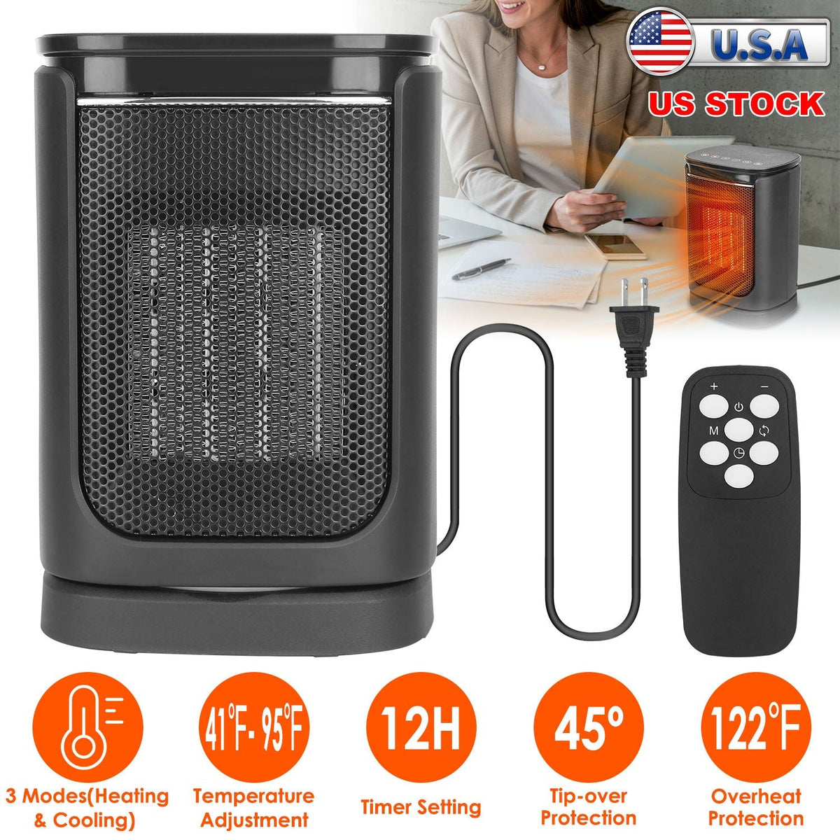 1500W Electric Space Heater Ceramic Heater Fan 90¼Oscillating Heating Fan with 3 Modes Remote Control Digital Display Tip-over Overheating Protection
