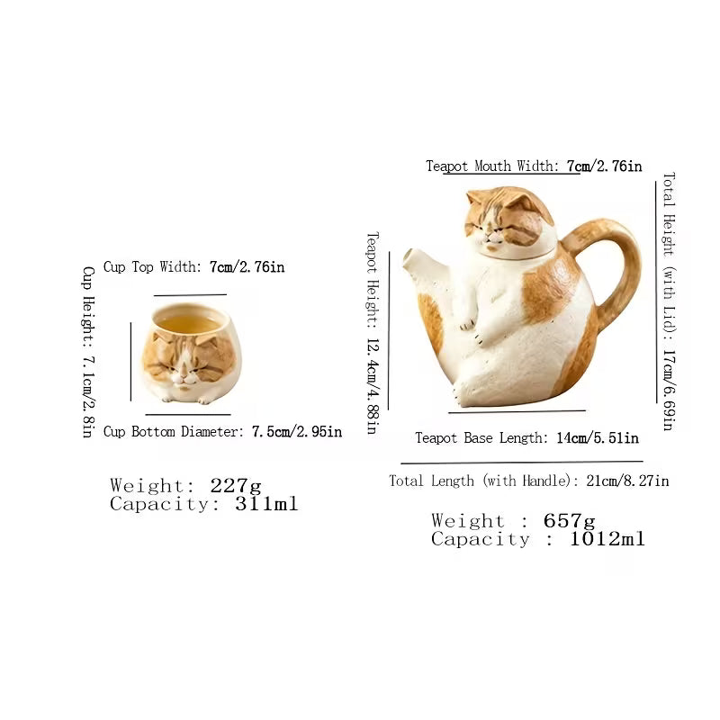 Coarse Pottery Cat Teapot and Cup Set