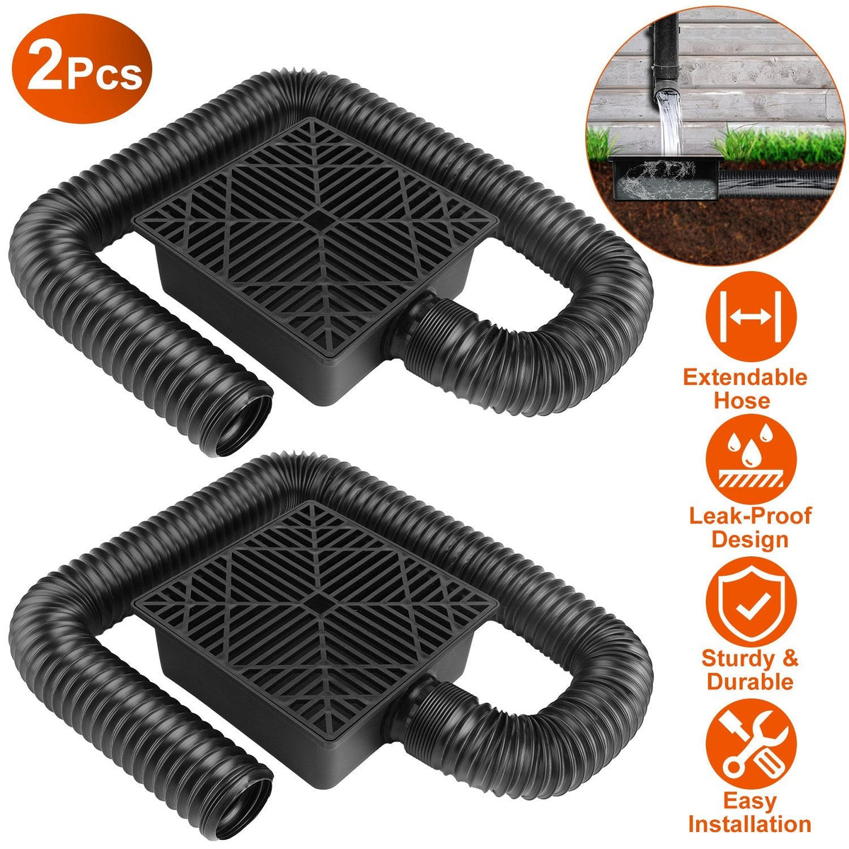 2Pcs Gutter Downspout Extension Low Profile No Deep Digging Catch Basin Downspout Extender with 4.9FT Flexible Extendable Hose For House Foundation Pr