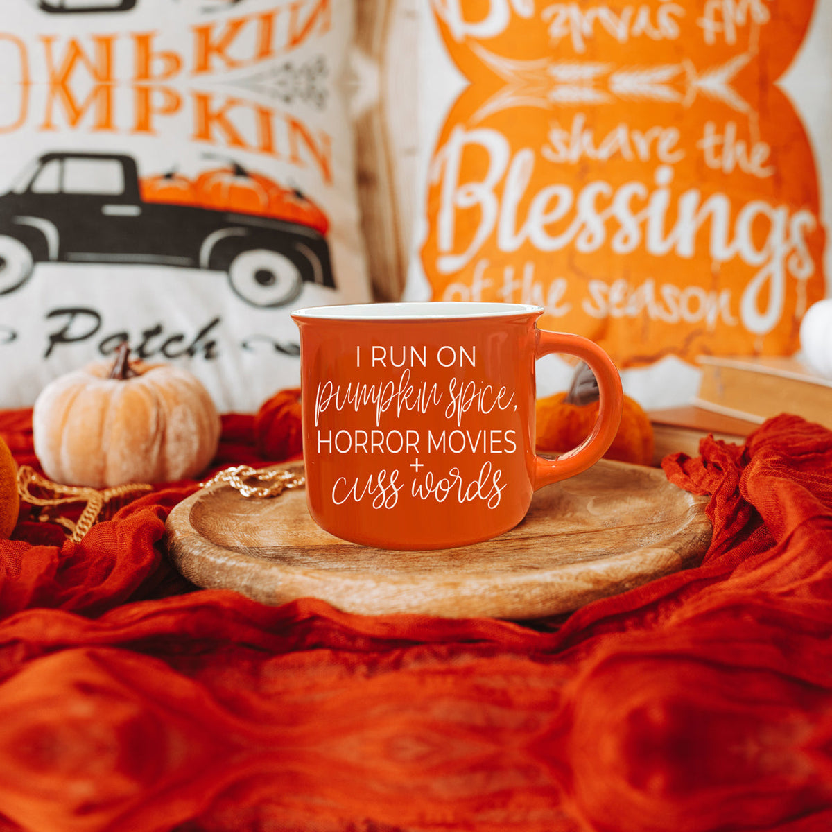 Pumpkin Horror Mug 14.5oz Orange Ceramic Campfire Dual-Sided White Text