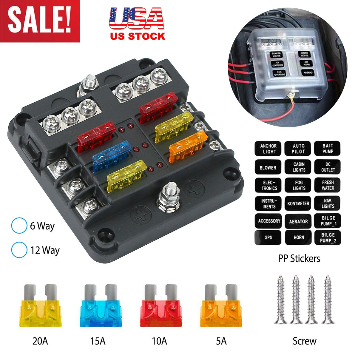 6-Way Fuse Box Holder with LED Indicator