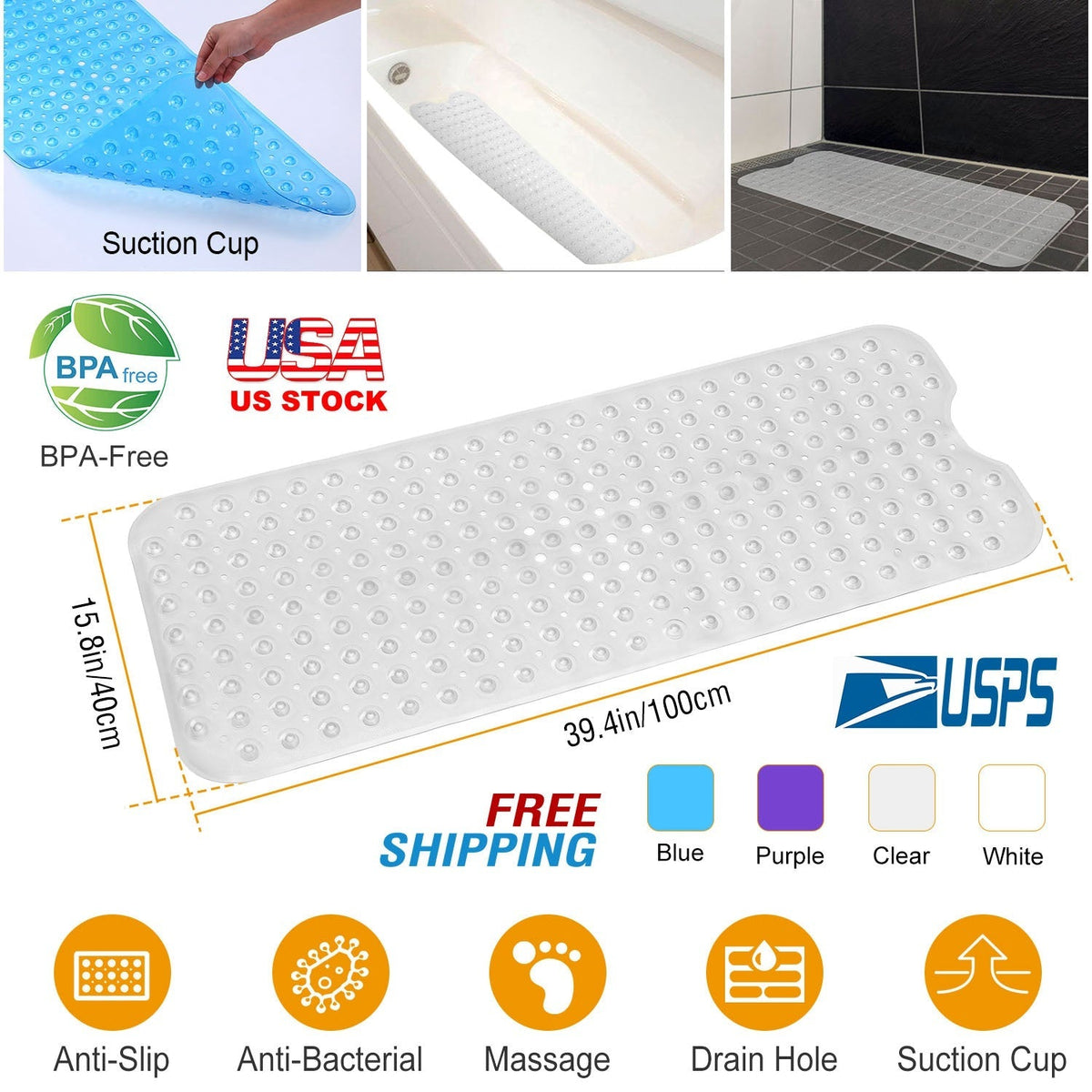 Bath Tub Mat Non-Slip Shower Mat BPA-Free Massage Anti-Bacterial with Suction Cups Washable for Bathroom Kitchen Pool