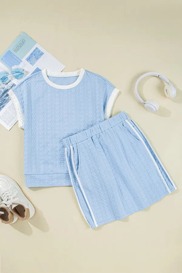 Contrast Trim Textured Crewneck Tee and Pocketed Skirt Set