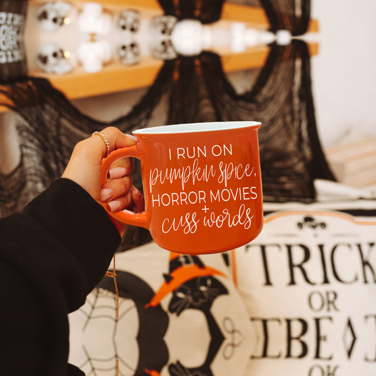 Pumpkin Horror Mug 14.5oz Orange Ceramic Campfire Dual-Sided White Text