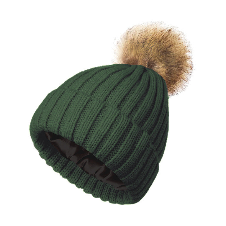Womens Solid-Color Brimmed Hat With Satin Pom-Pom