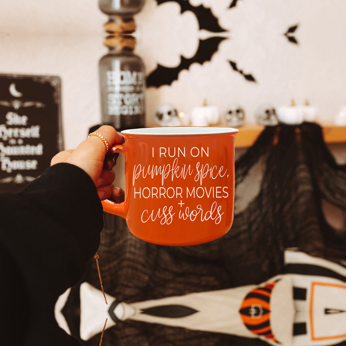 Pumpkin Horror Mug 14.5oz Orange Ceramic Campfire Dual-Sided White Text