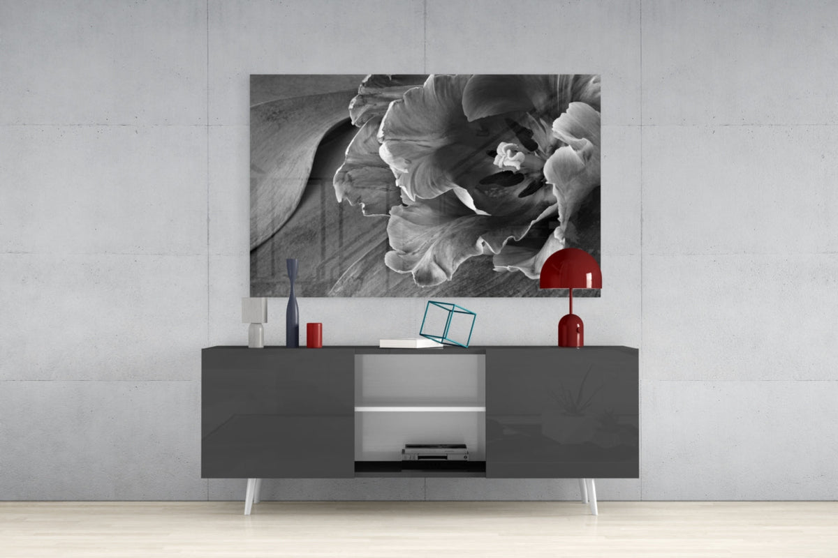 Monochrome Parrot Tulip Glass Wall Art