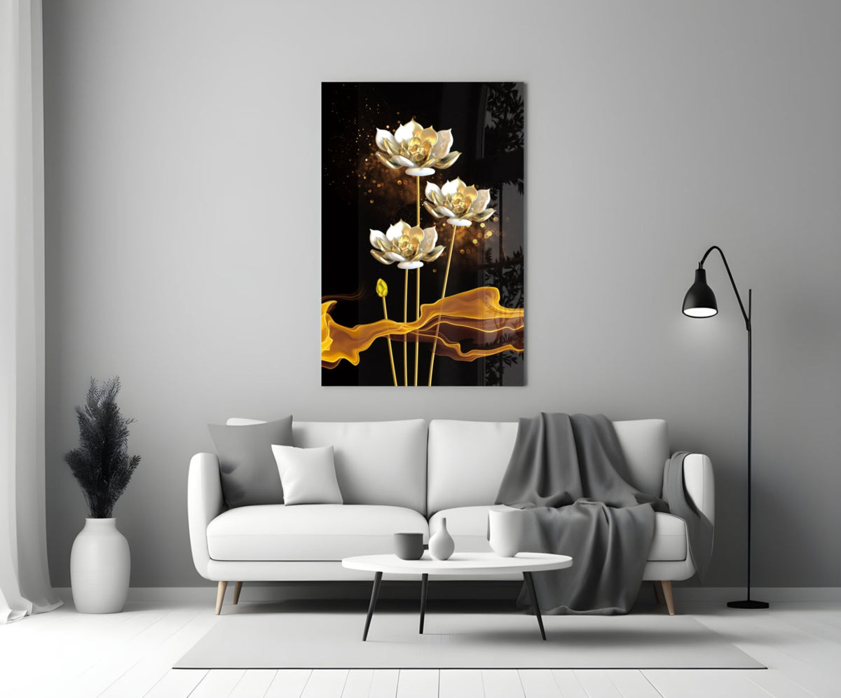 Golden Lotus on Black Flowing Glass Wall Art