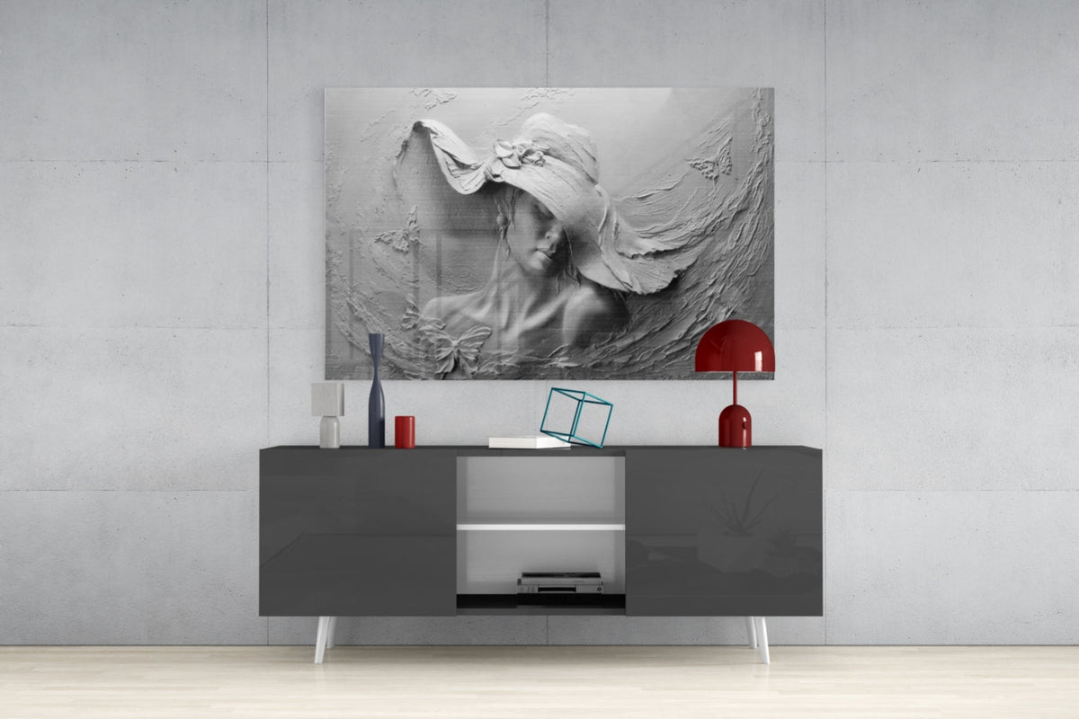 White Draped Woman Glass Wall Art