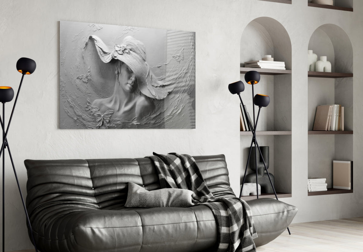White Draped Woman Glass Wall Art