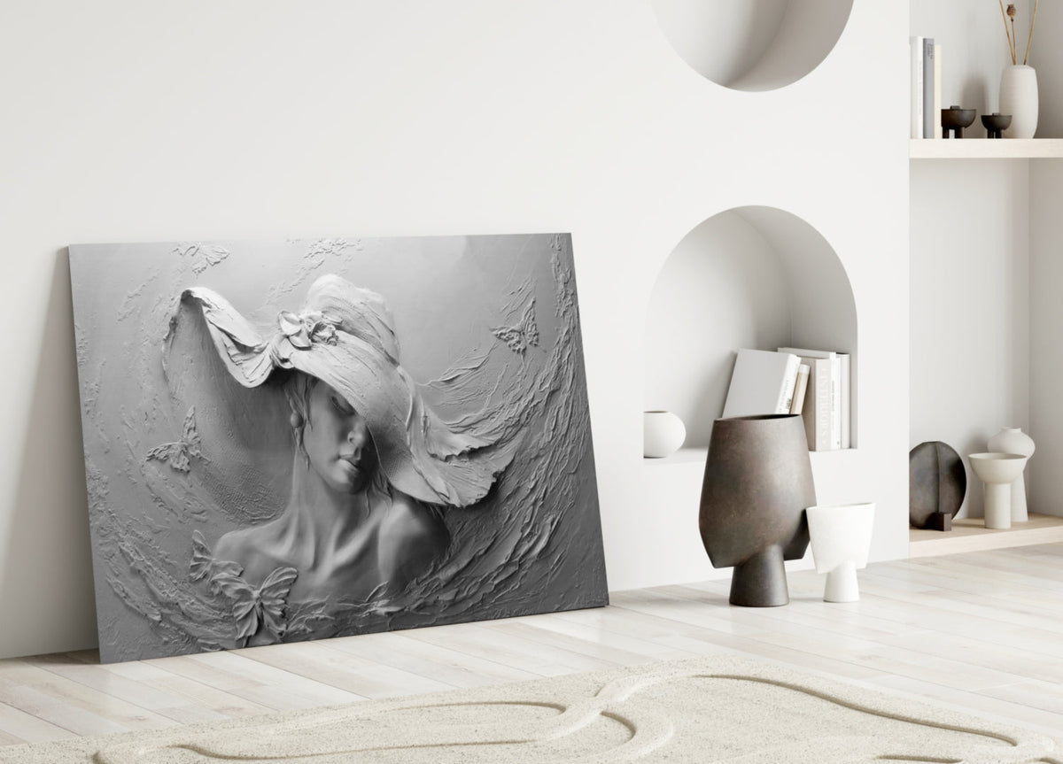 White Draped Woman Glass Wall Art