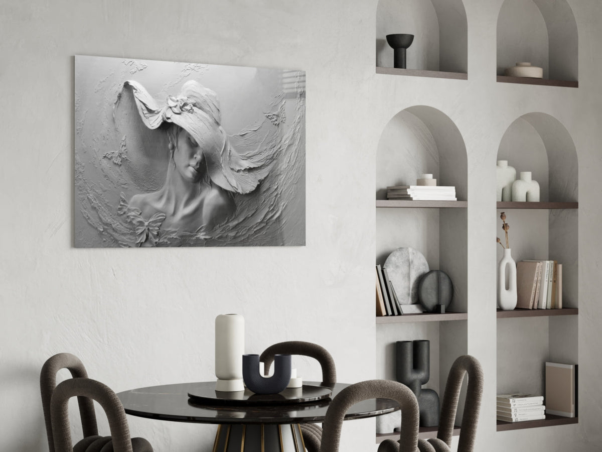 White Draped Woman Glass Wall Art