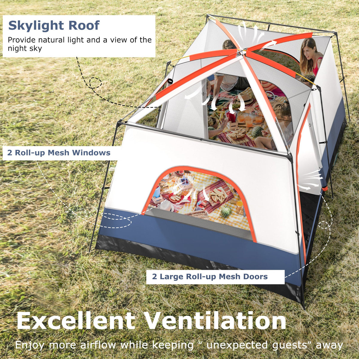 6-8 Person Camping Tent with Double Rooms and 2 Doors