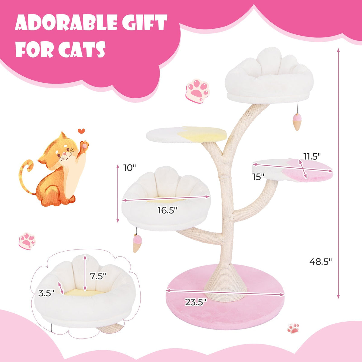Multi-Layer Cat Tree Cat Tower with 2 Cat Perches 2 Platforms-Pink