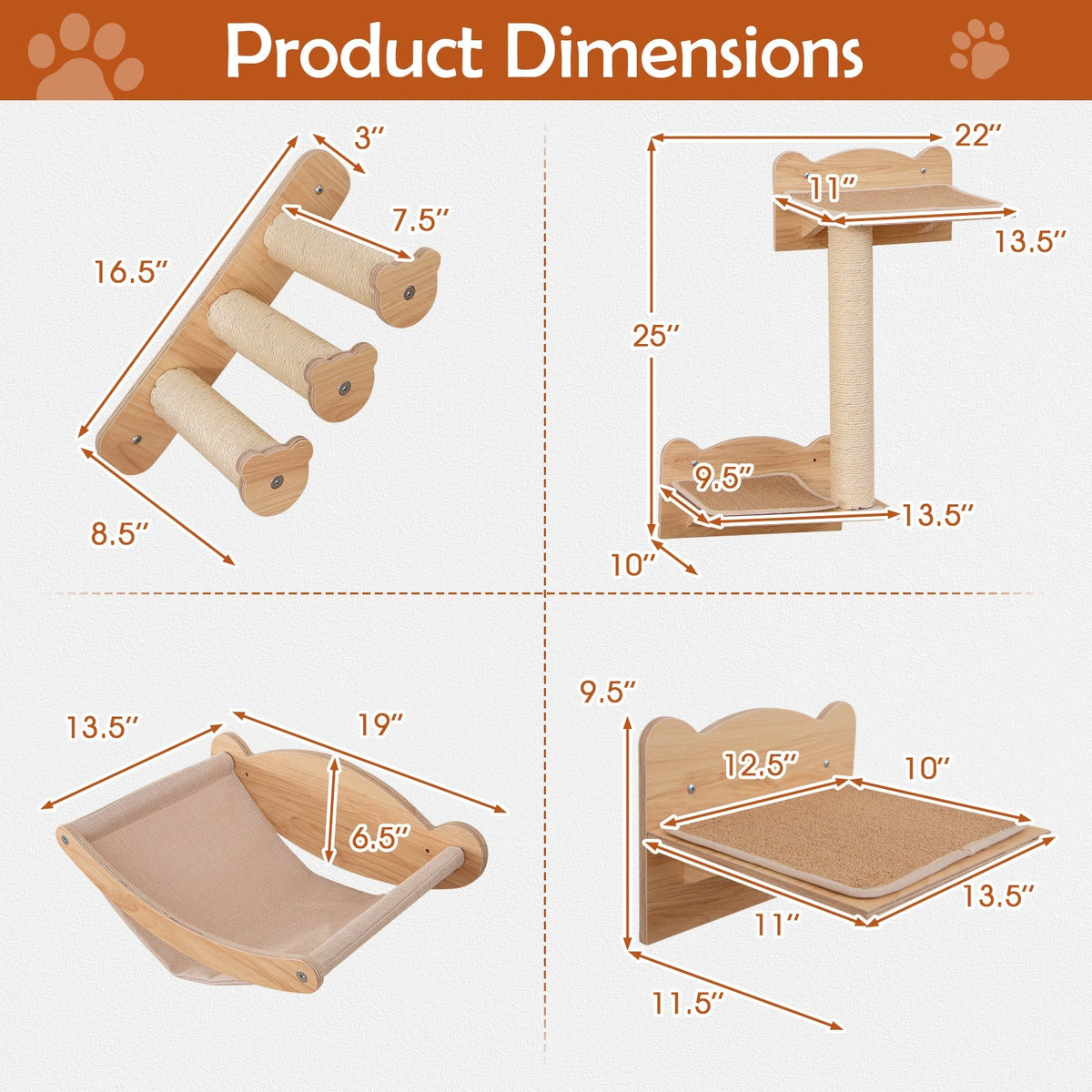 Juego de muebles de pared para gatos de 4 piezas con hamaca, árbol para gatos de 2 escalones y percha-Natural