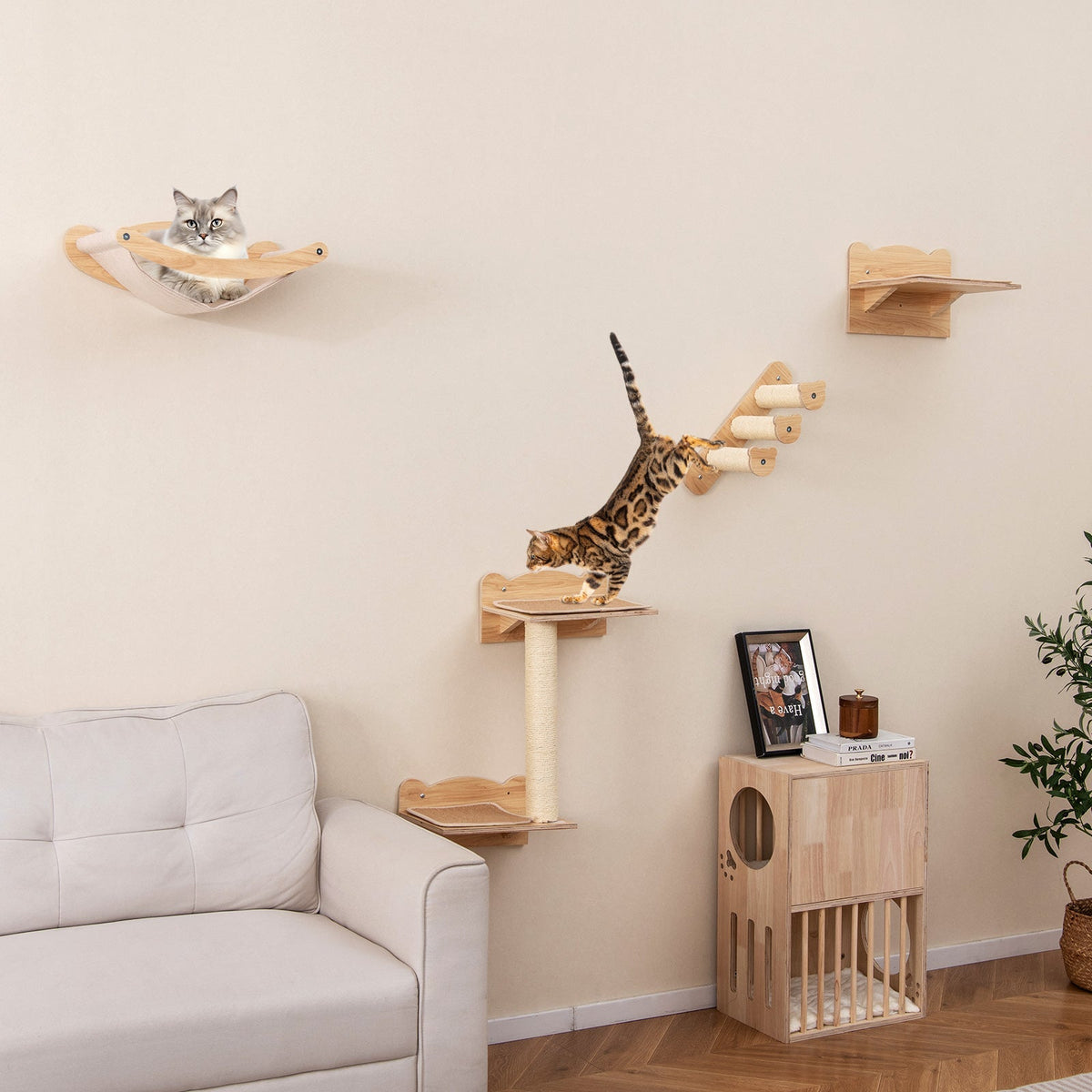 Juego de muebles de pared para gatos de 4 piezas con hamaca, árbol para gatos de 2 escalones y percha-Natural