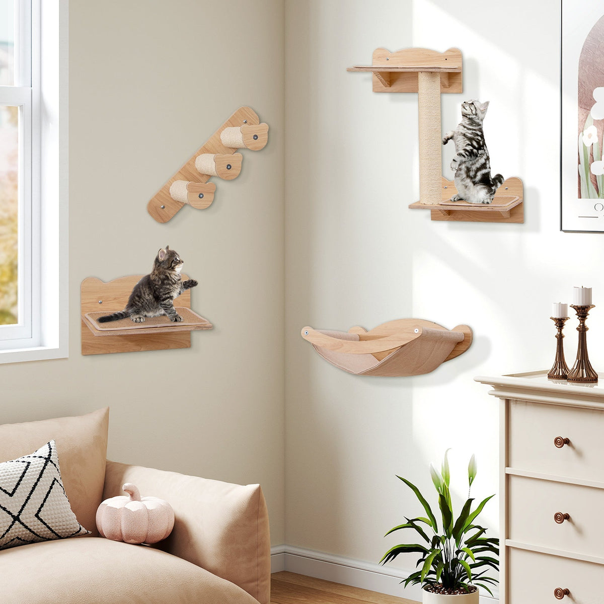 Juego de muebles de pared para gatos de 4 piezas con hamaca, árbol para gatos de 2 escalones y percha-Natural