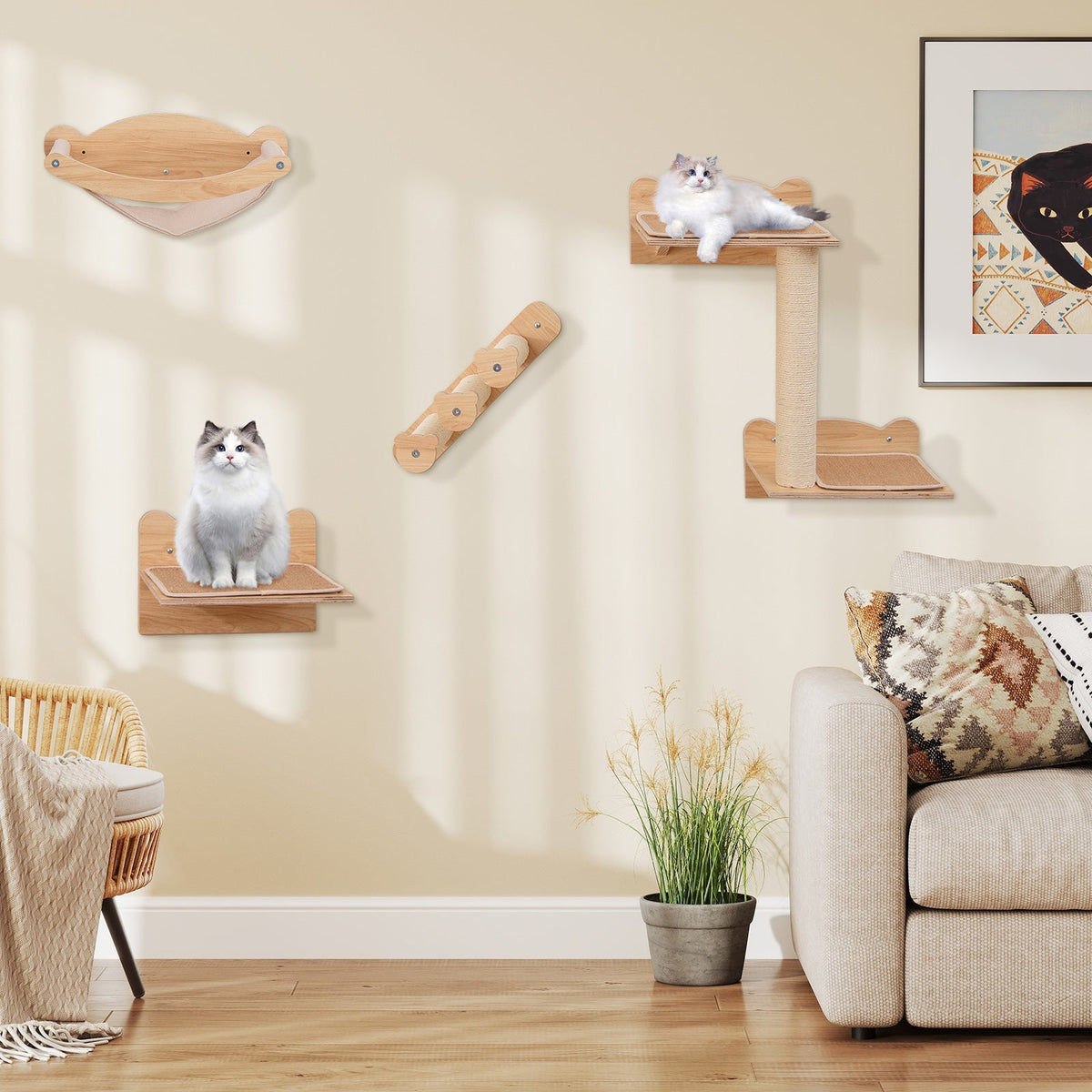 Juego de muebles de pared para gatos de 4 piezas con hamaca, árbol para gatos de 2 escalones y percha-Natural