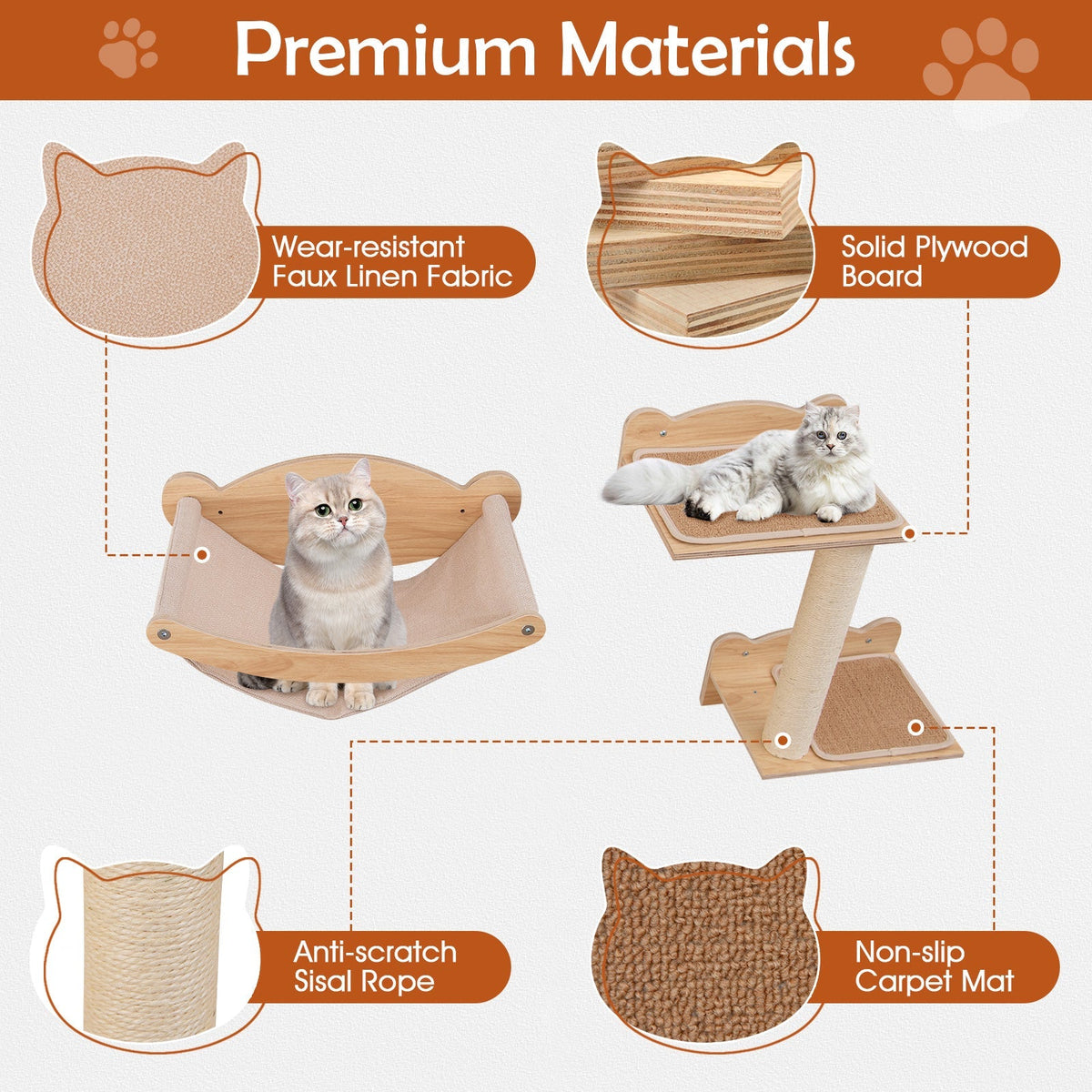 Juego de muebles de pared para gatos de 4 piezas con hamaca, árbol para gatos de 2 escalones y percha-Natural