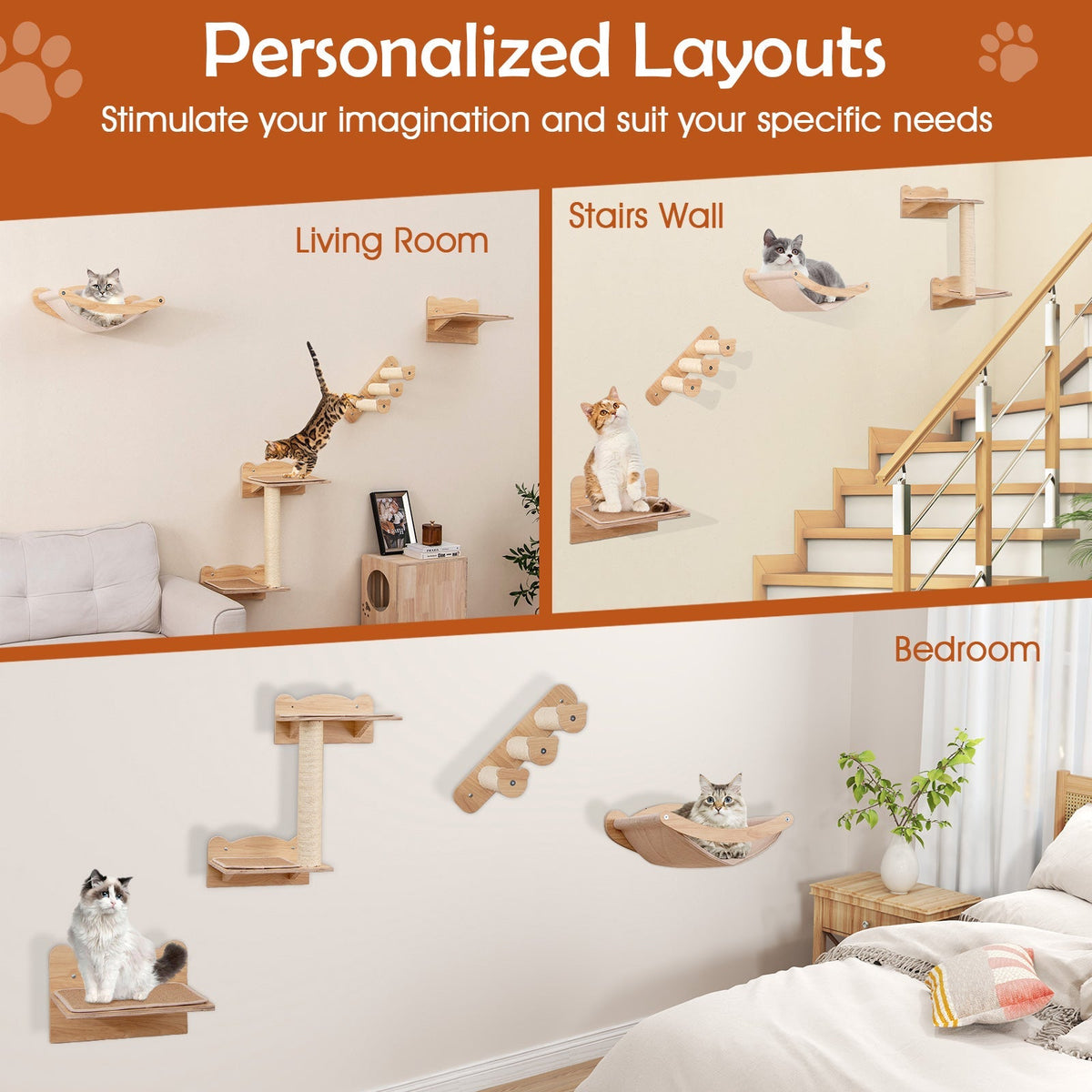 Juego de muebles de pared para gatos de 4 piezas con hamaca, árbol para gatos de 2 escalones y percha-Natural
