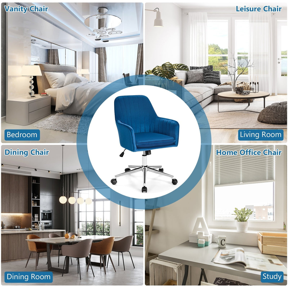 Velvet Accent Office Armchair with Adjustable Swivel and Removable Cushion