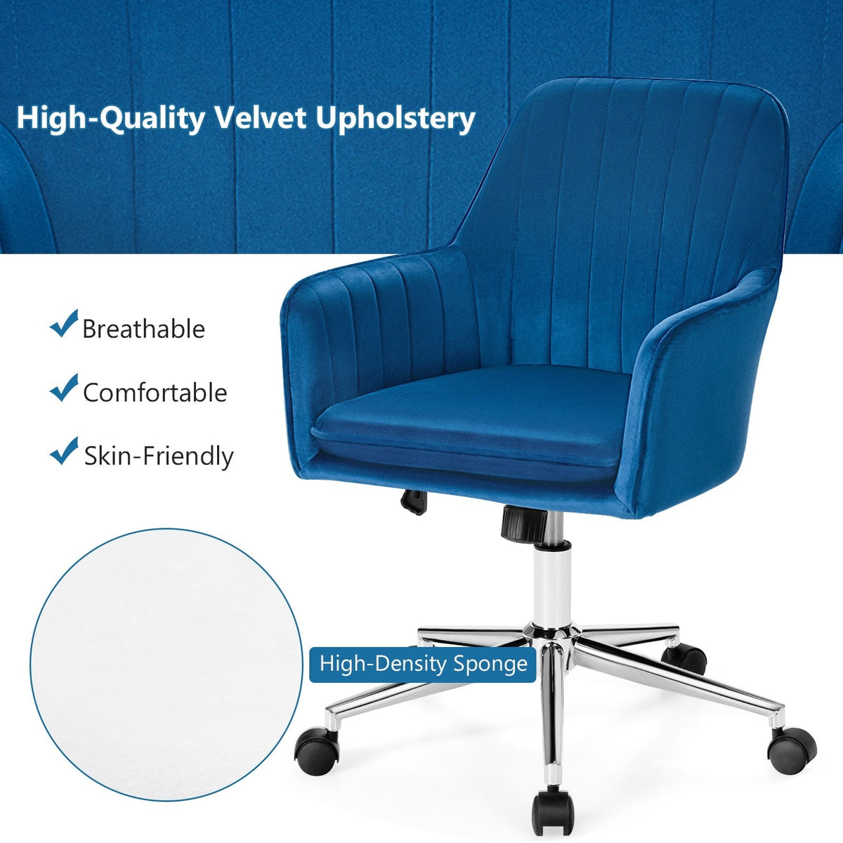 Velvet Accent Office Armchair with Adjustable Swivel and Removable Cushion