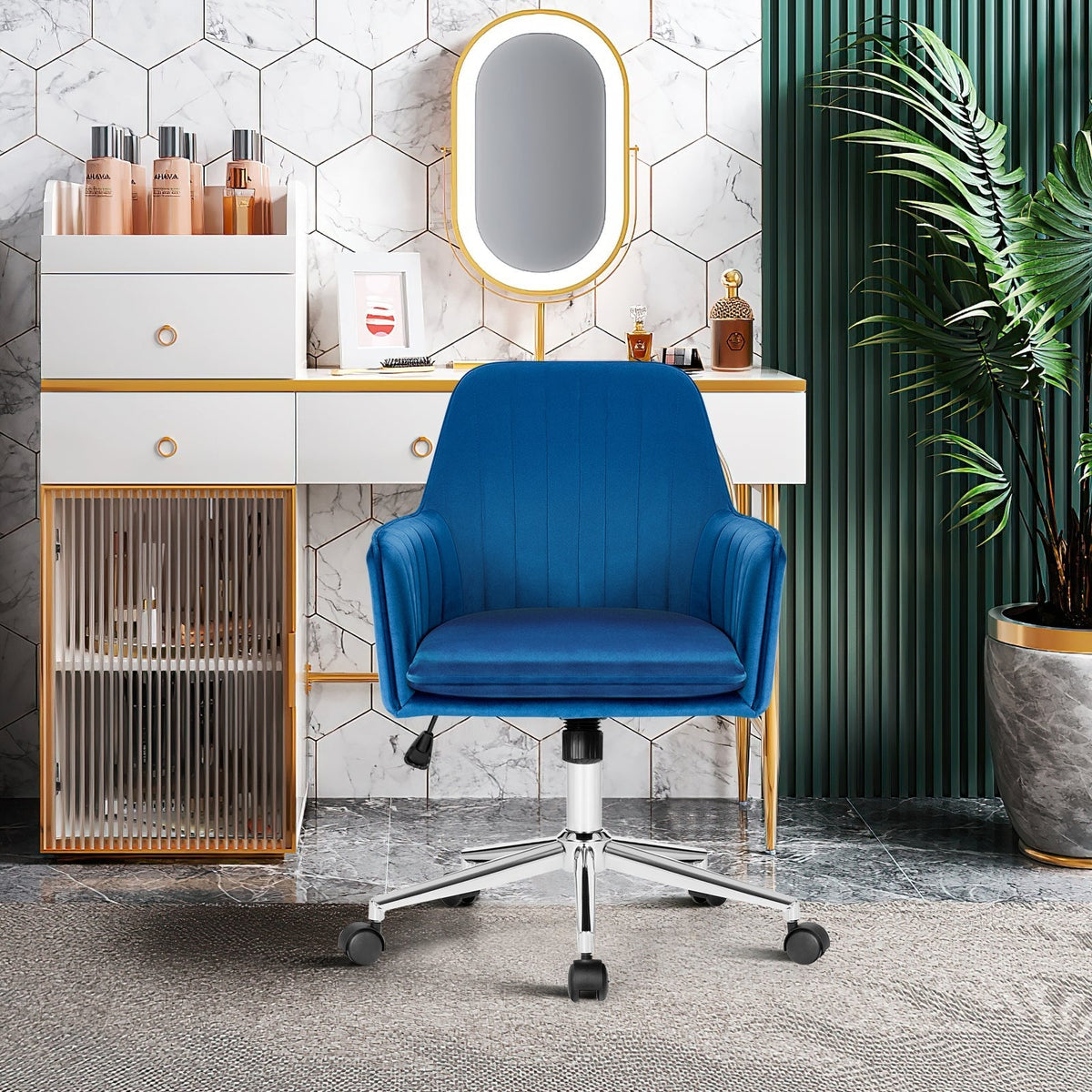 Velvet Accent Office Armchair with Adjustable Swivel and Removable Cushion