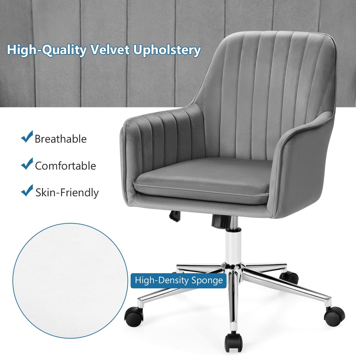 Velvet Accent Office Armchair with Adjustable Swivel and Removable Cushion