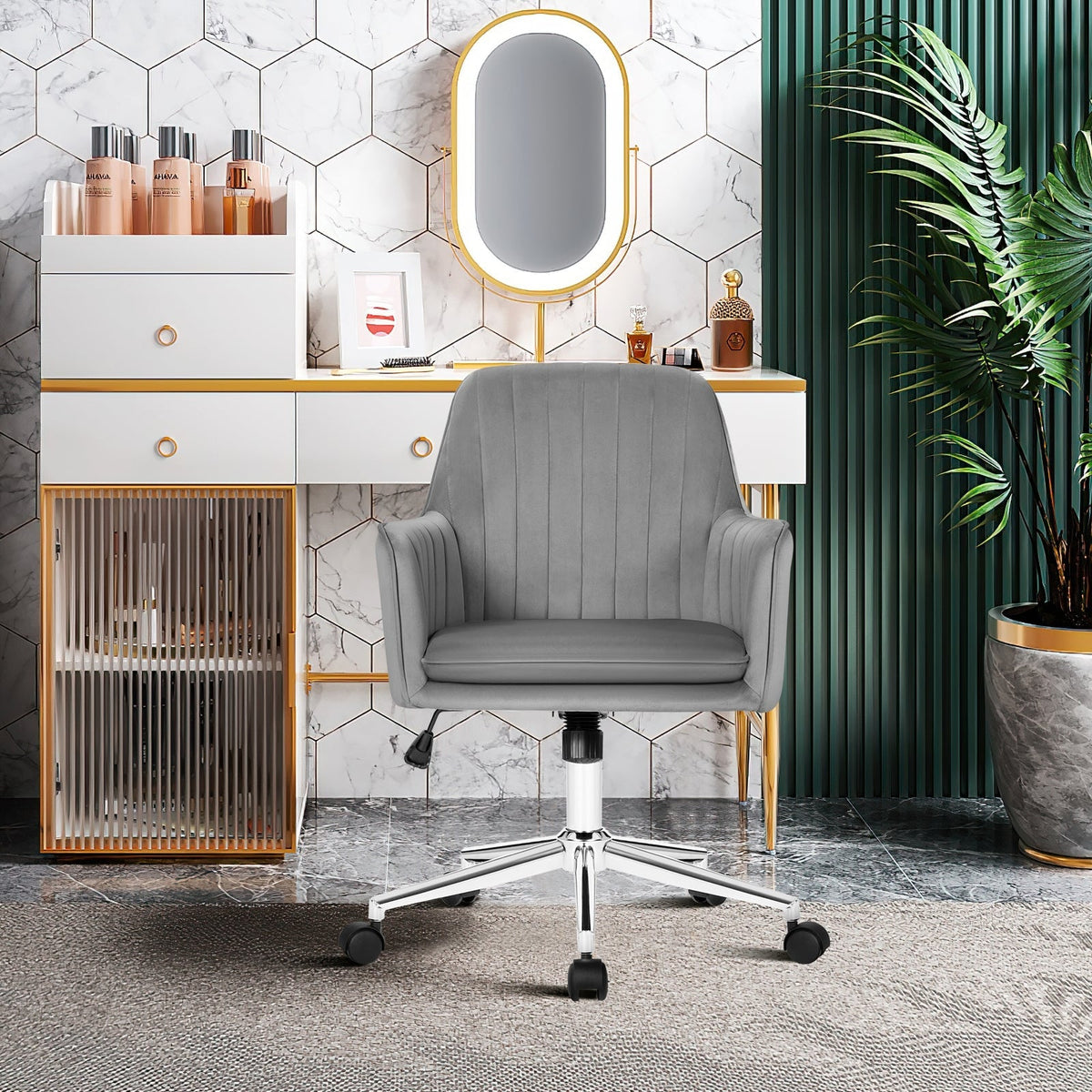 Velvet Accent Office Armchair with Adjustable Swivel and Removable Cushion