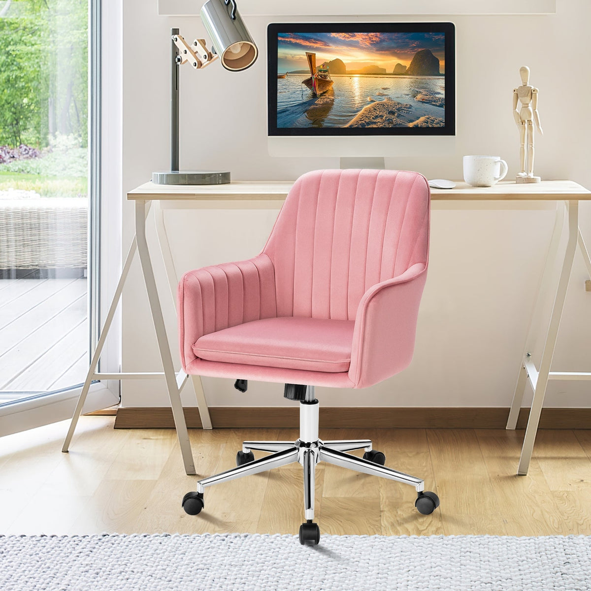 Velvet Accent Office Armchair with Adjustable Swivel and Removable Cushion
