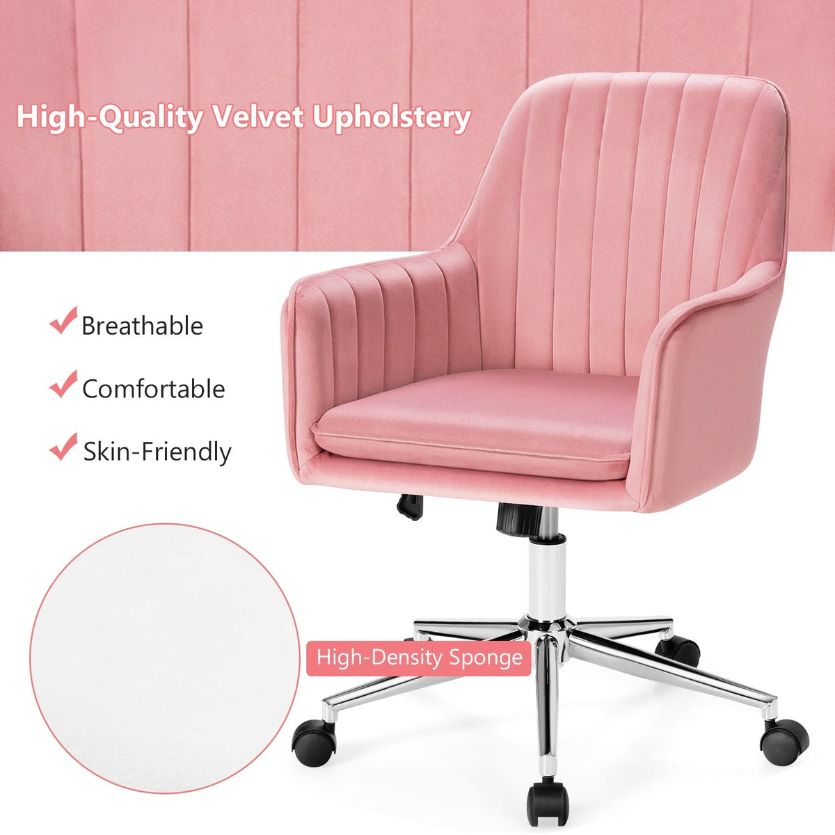 Velvet Accent Office Armchair with Adjustable Swivel and Removable Cushion