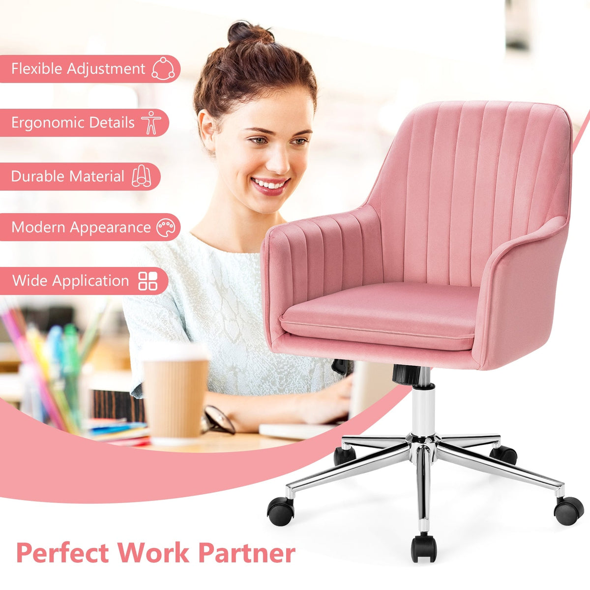 Velvet Accent Office Armchair with Adjustable Swivel and Removable Cushion