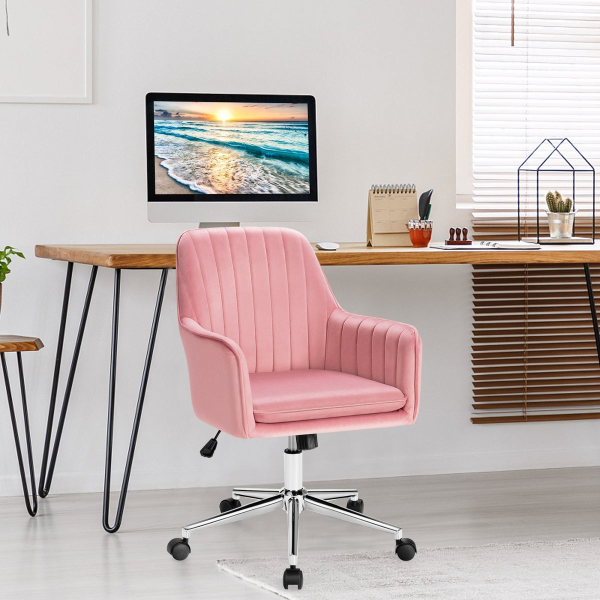 Velvet Accent Office Armchair with Adjustable Swivel and Removable Cushion