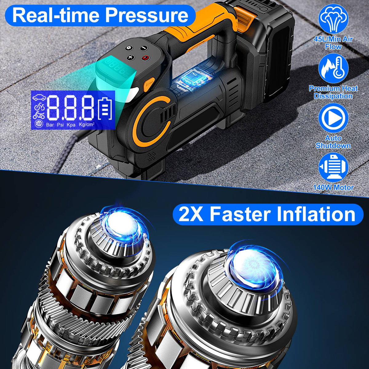 Cordless Tire Inflator with LED Light for Cars & Bikes